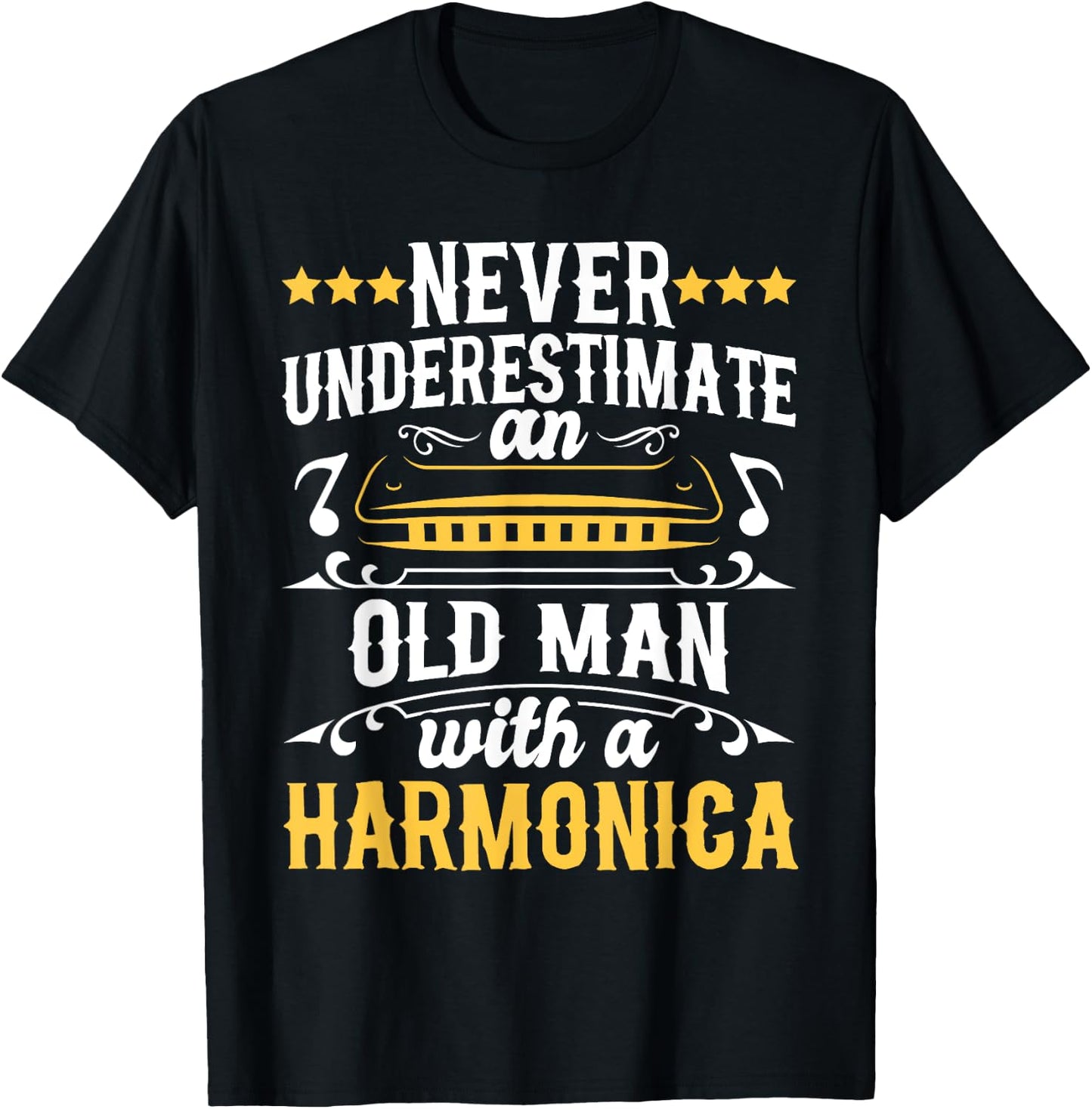 Never Underestimate An Old Man With A Harmonica Harmonicist T-Shirt - T-Shirt | Black