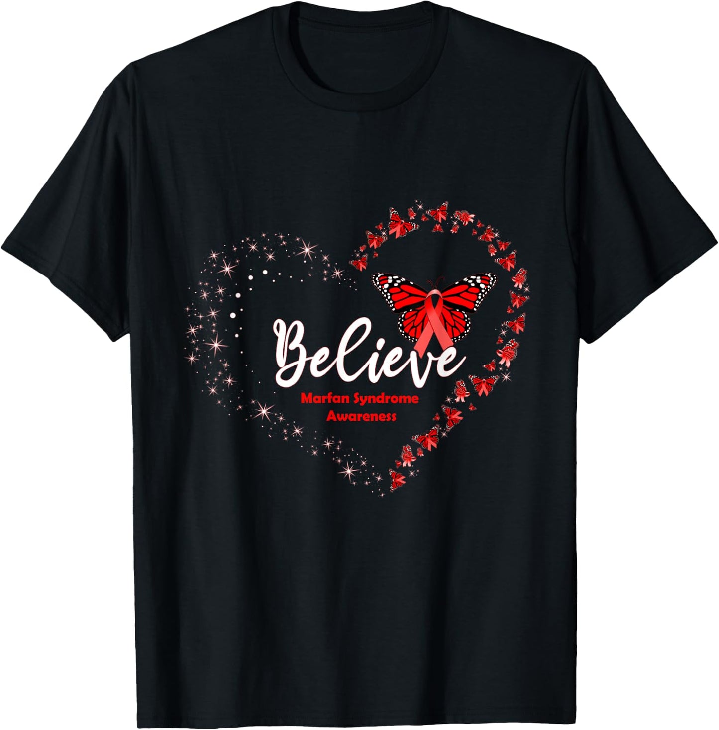 Butterfly Heart Believe Red Ribbon Marfan Syndrome Awareness T-Shirt - T-Shirt | Black