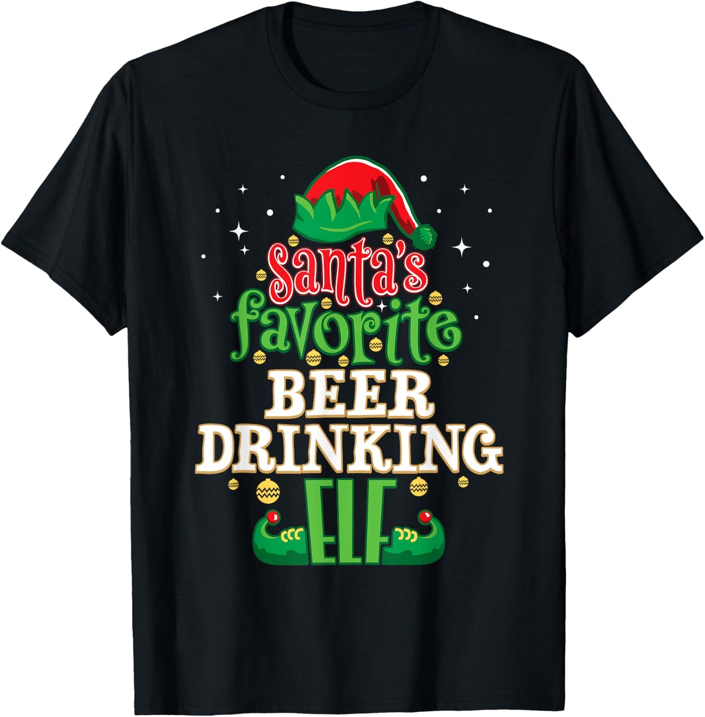 Santa's Favorite Beer Drinking Elf Christmas Matching T-Shirt - T-Shirt | Black