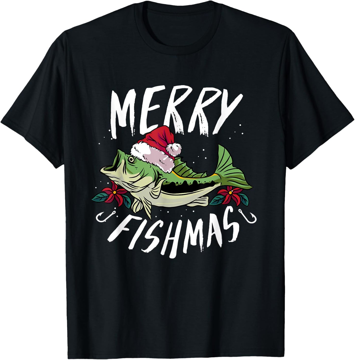 Funny Christmas Themed Bass Fishing design - Merry Fishmas T-Shirt - T-Shirt | Black