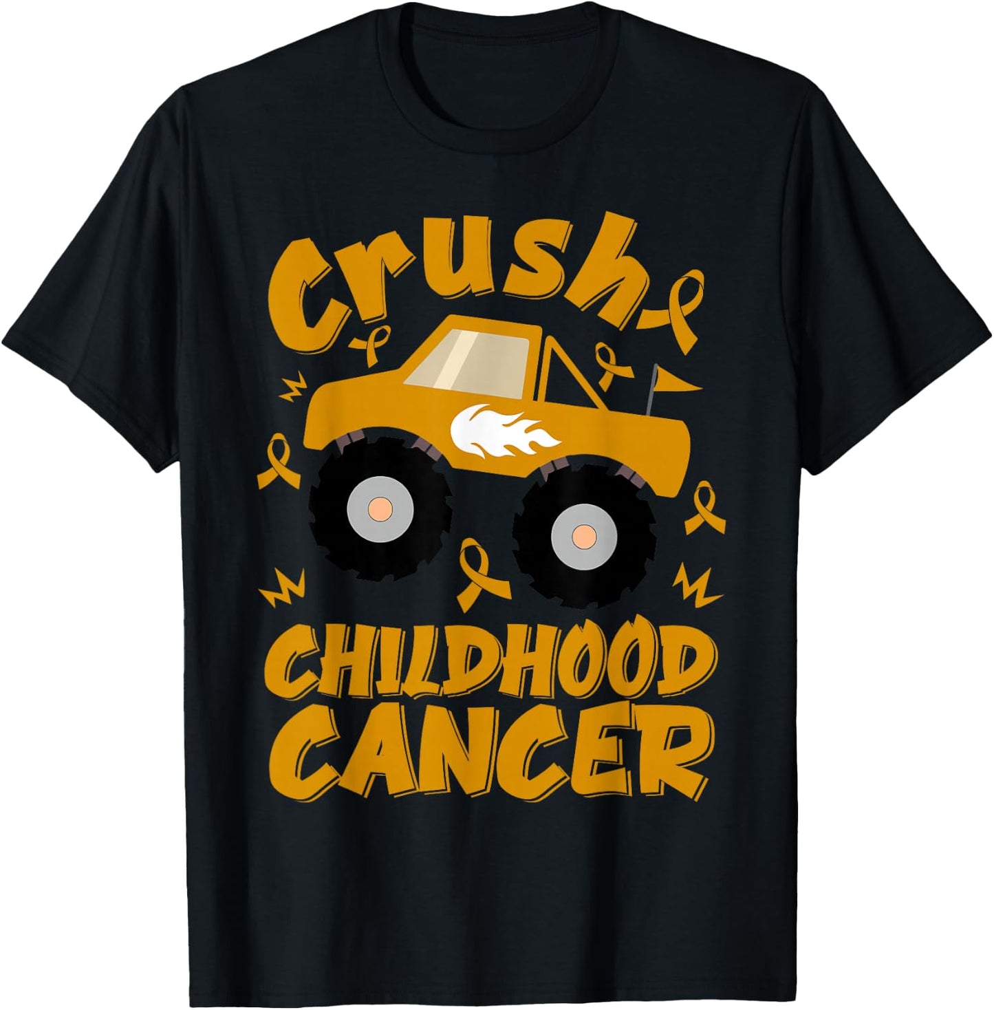Crush Childhood Cancer Awareness Monster Truck & Gold Ribbon T-Shirt - T-Shirt | Black