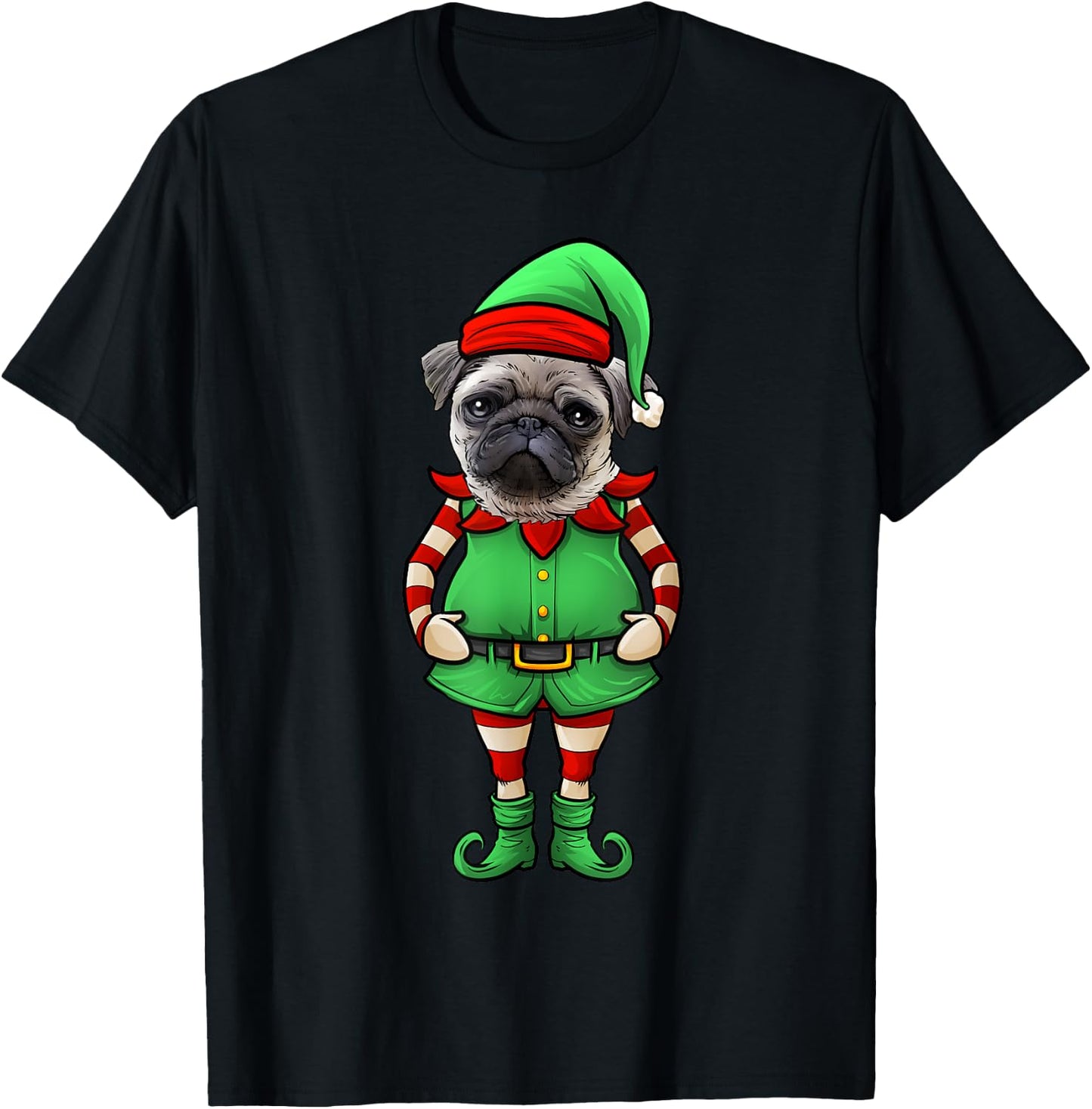 Funny Christmas Elf Pug Dog T-Shirt - T-Shirt | Black