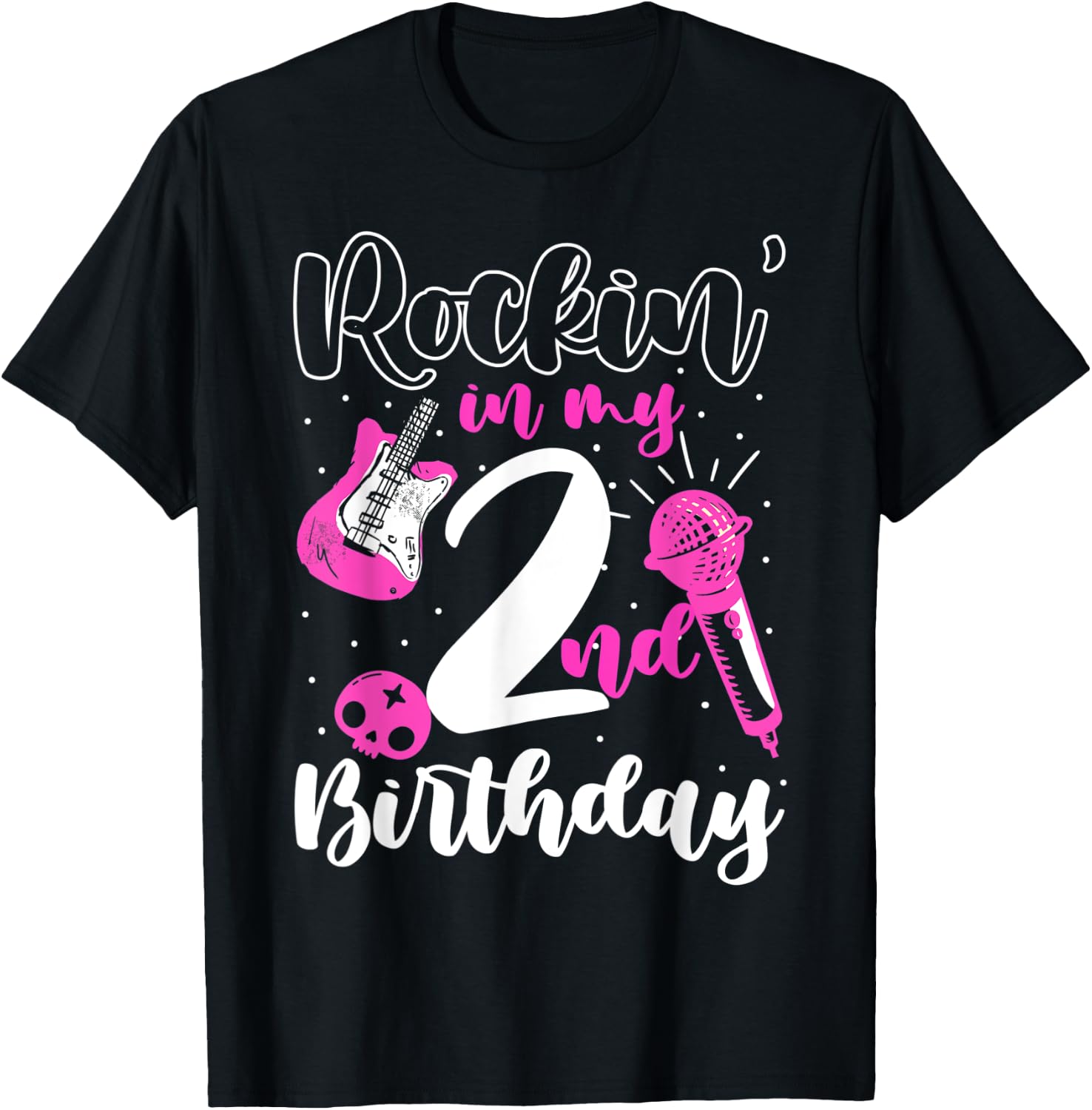 Girls Rockstar Birthday Rock Star Themed Guitar 2nd Birthday T-Shirt - T-Shirt | Black