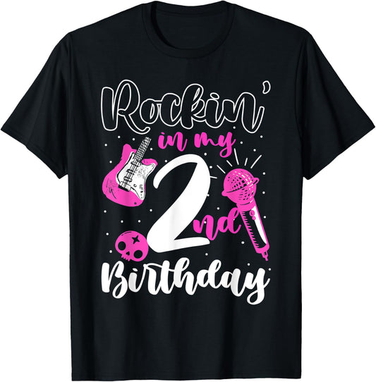 Girls Rockstar Birthday Rock Star Themed Guitar 2nd Birthday T-Shirt - T-Shirt | Black