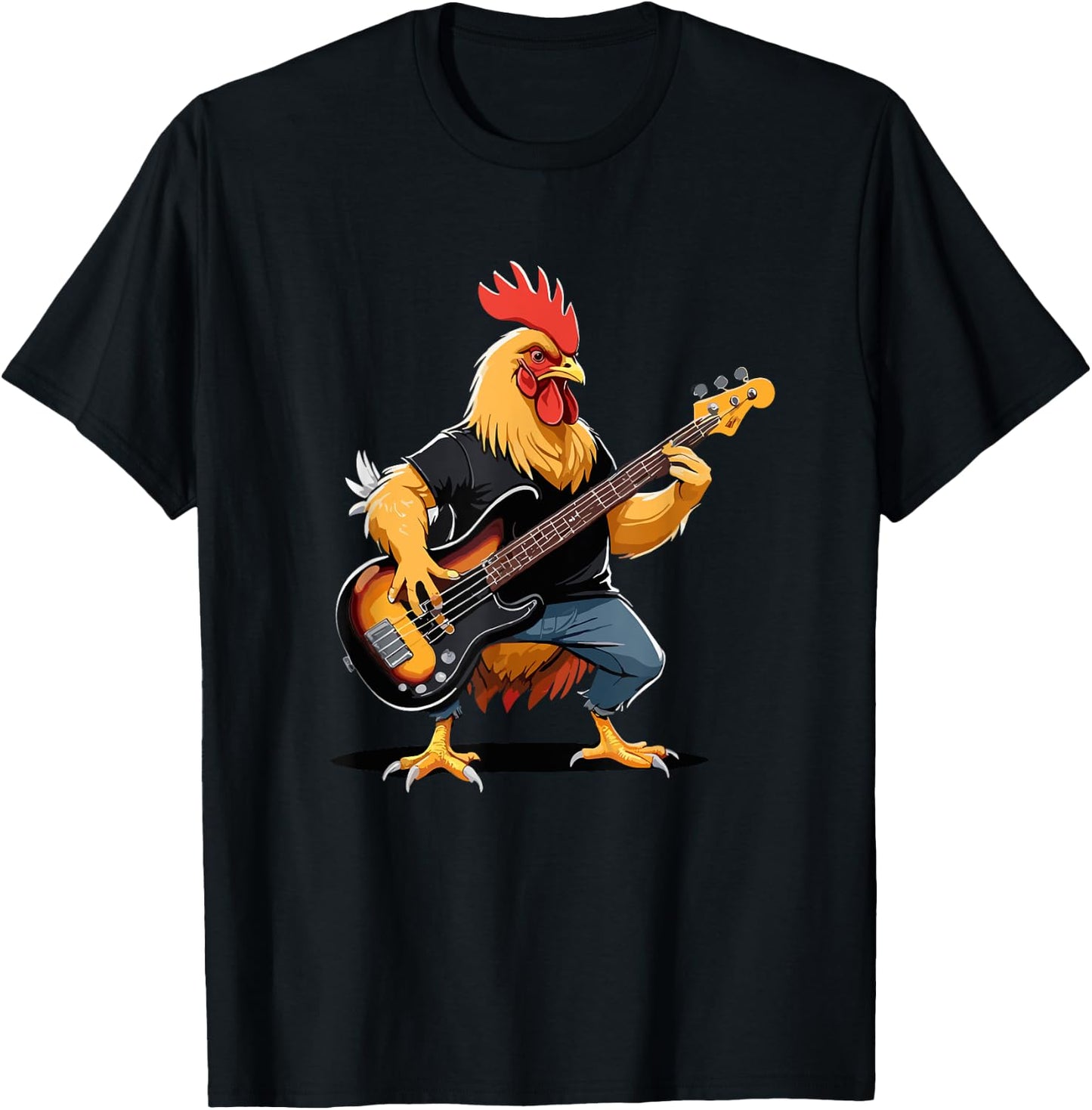 Chicken playing Bass Guitar, Chicken Guitarist T-Shirt - T-Shirt | Black