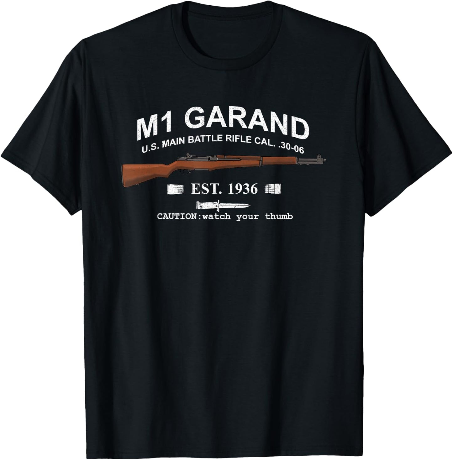 M1 Garand Rifle Gun WWII Watch Your Thumb EST 1936 Graphic T-Shirt - T-Shirt | Black