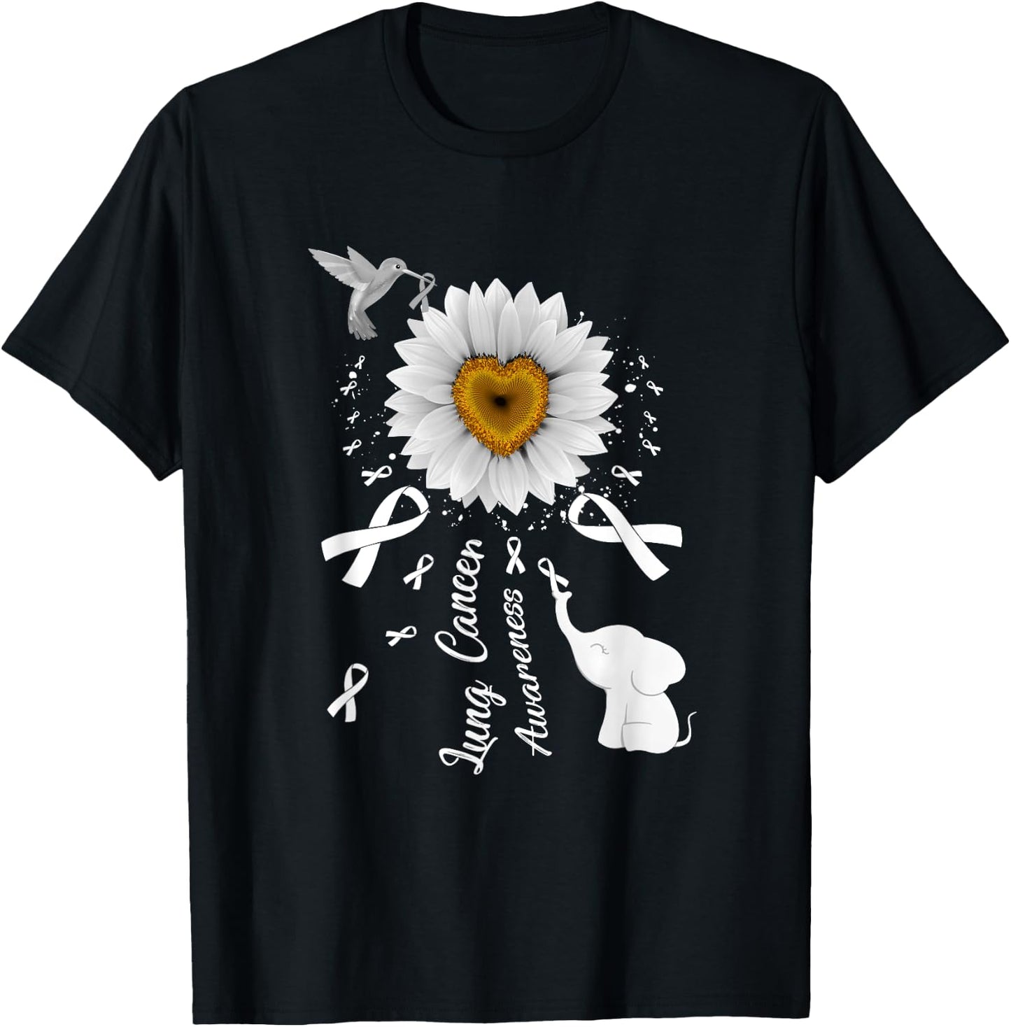 Sunflower Hummingbird Elephant Lung Cancer Awareness T-Shirt - T-Shirt | Black
