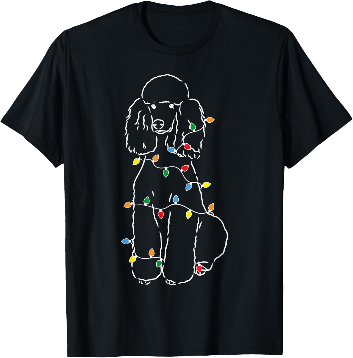 Funny Poodle Christmas Shirt - Cute Poodle With Christmas Lights - Adults - Black - Short Sleeve T-Shirt - T-Shirt | Black