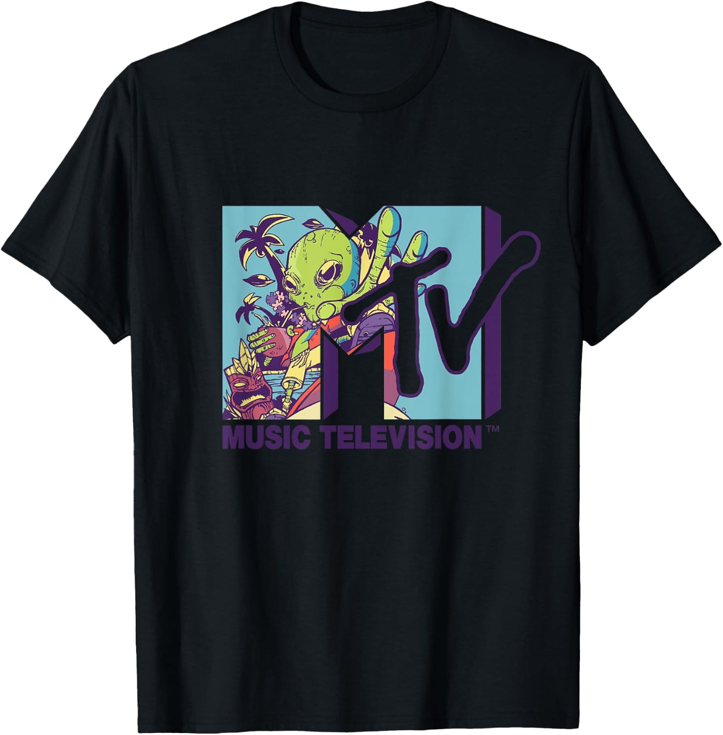 Mademark x MTV - The official MTV Logo with an alien drinking milk of coconut T-Shirt - T-Shirt | Black