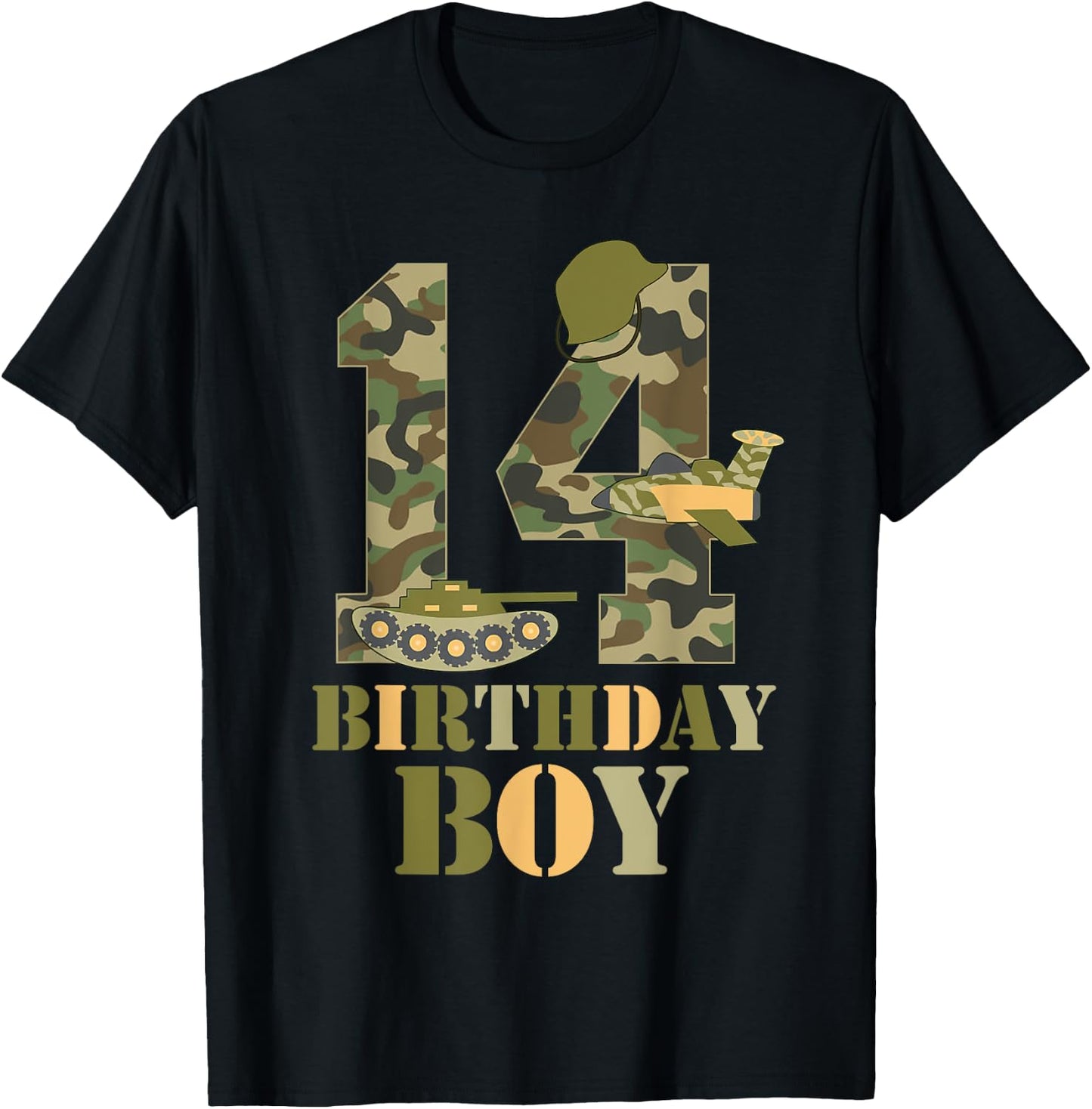 14th Birthday Military Themed Camo Boys 14 Years Old Soldier T-Shirt - T-Shirt | Black