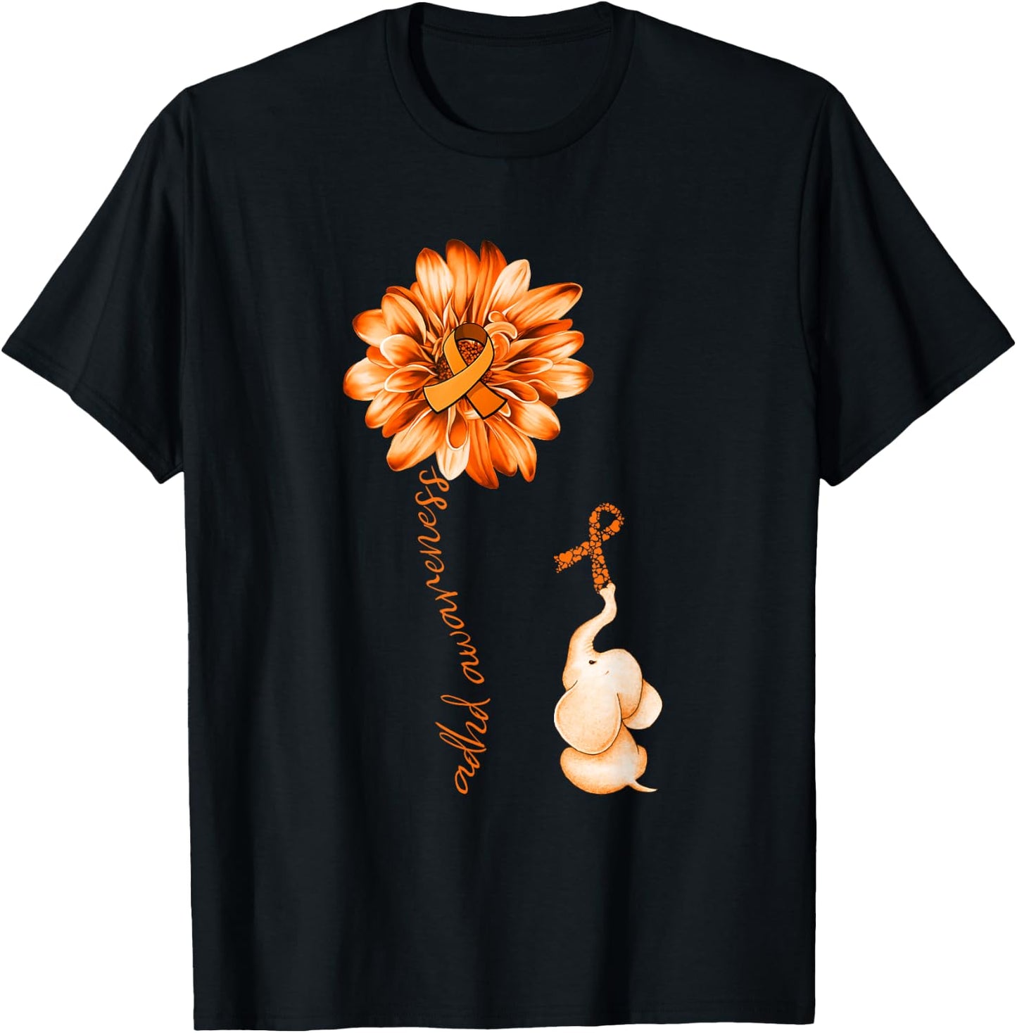 Elephant Sunflower Orange Ribbon ADHD Awareness T-Shirt - T-Shirt | Black