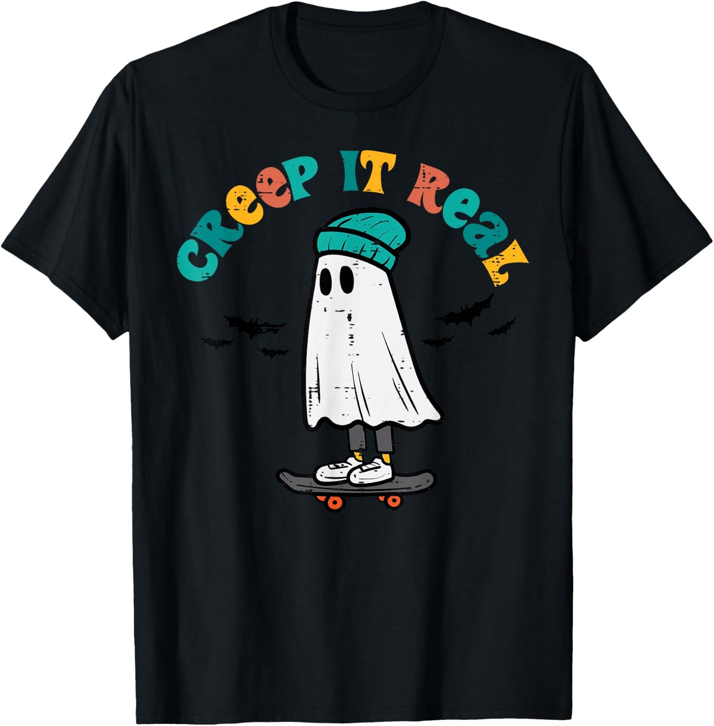 Ghost Skateboard Creep It Real Retro Halloween Skater Boys T-Shirt - T-Shirt | Black