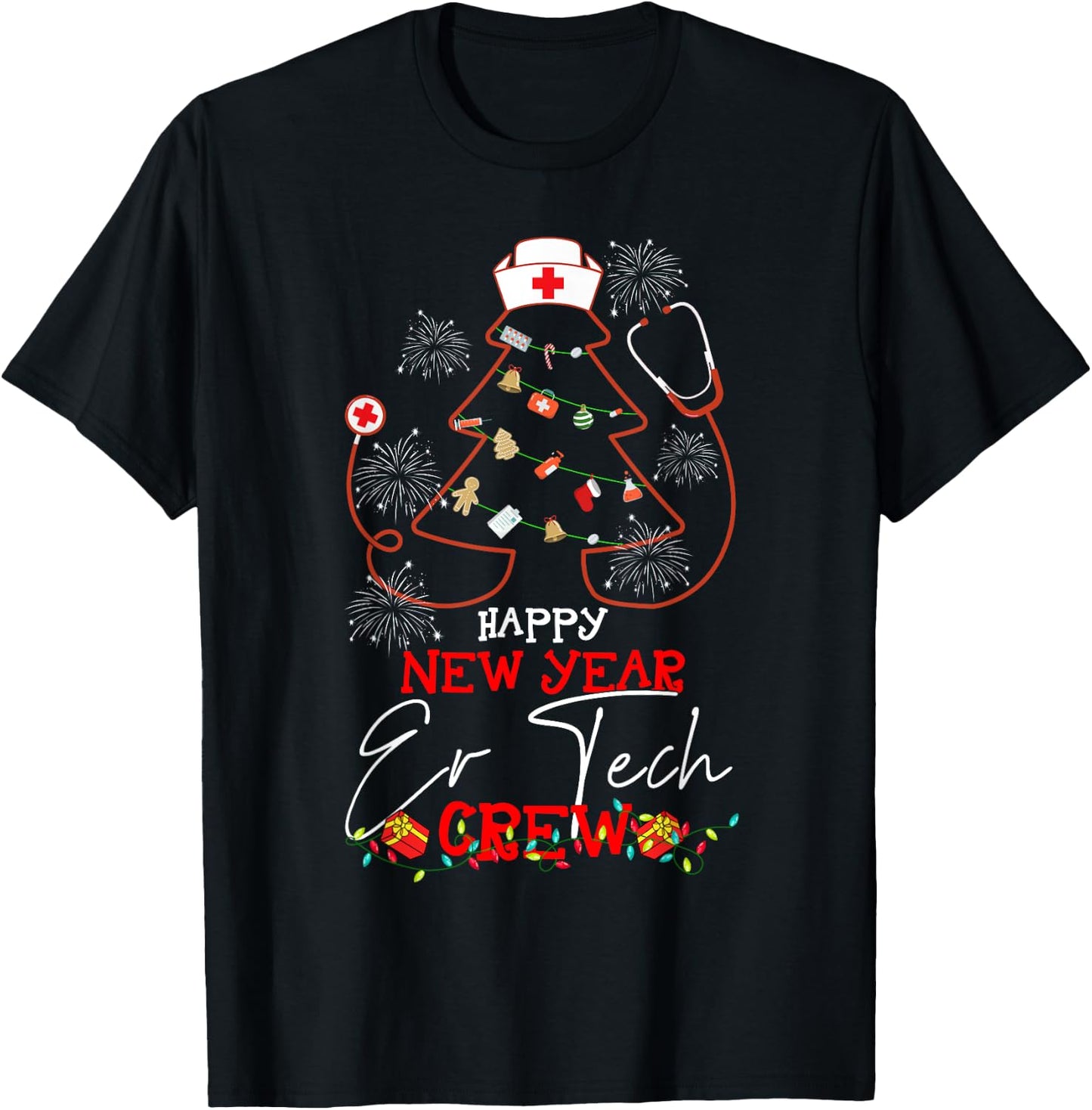 Happy New Year ER Tech Crew Reindeer Nurse Christmas T-Shirt - T-Shirt | Black