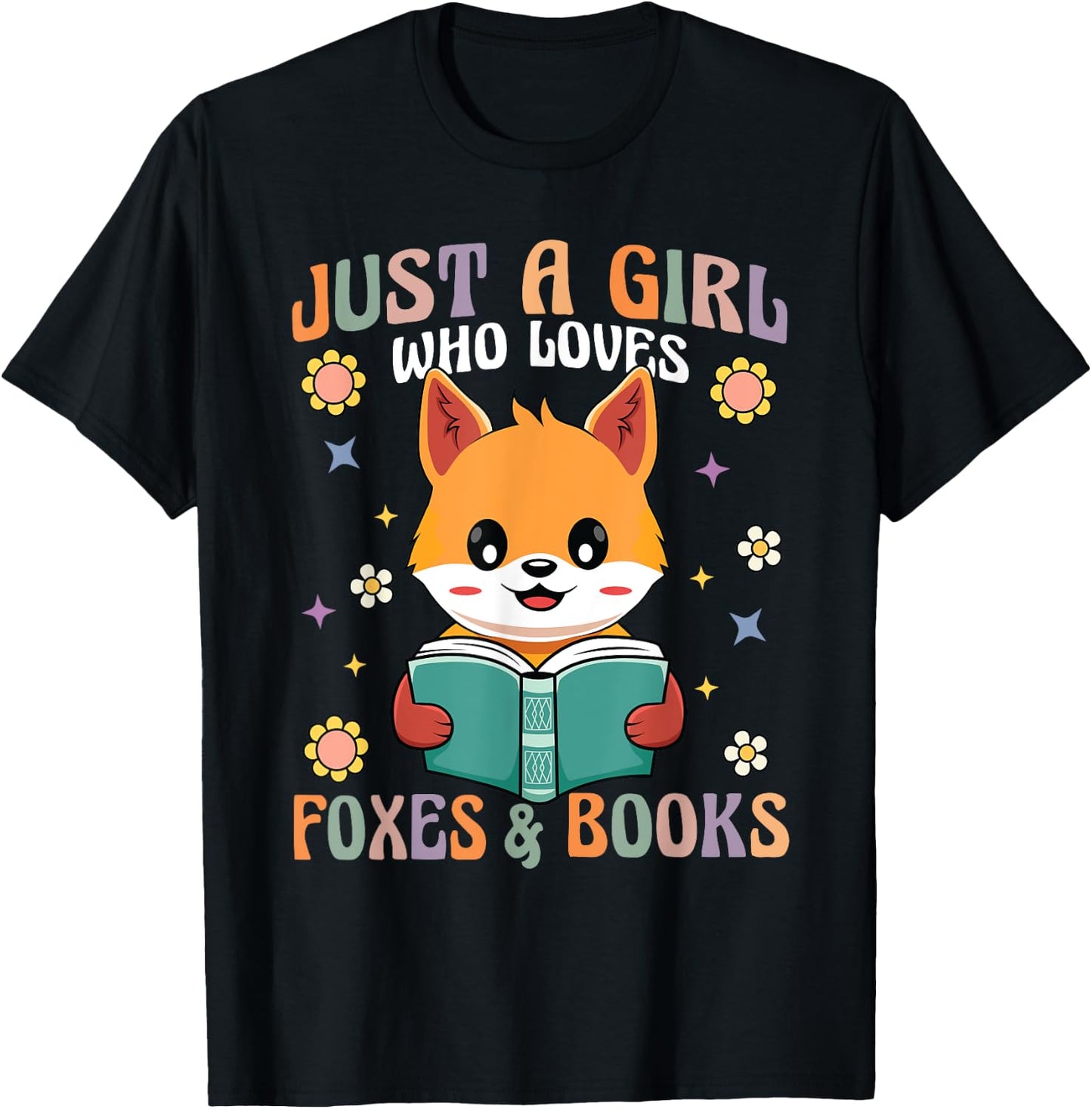 Retro Groovy Just A Girl Who Loves Foxes And Books Funny T-Shirt - T-Shirt | Black