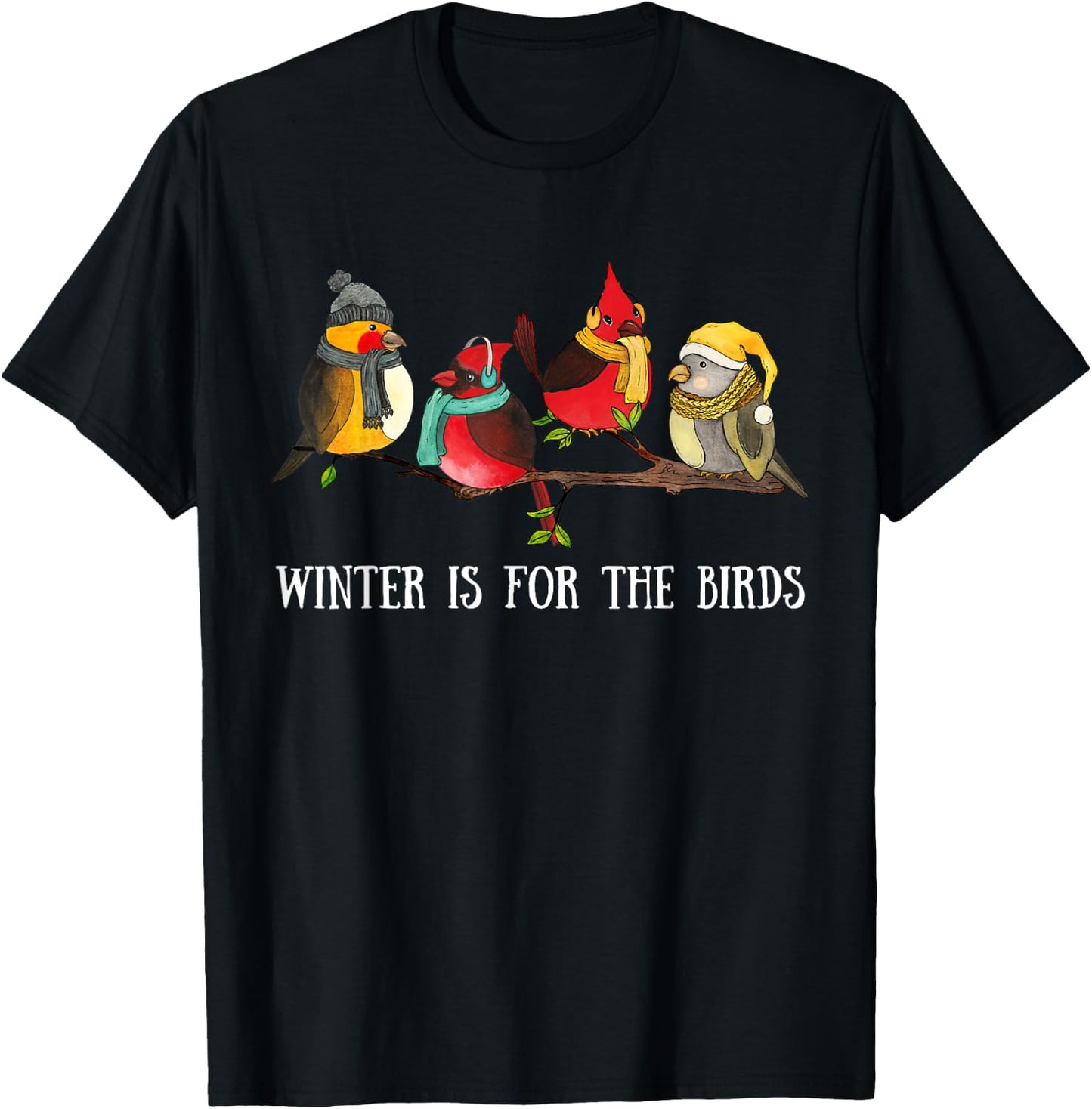 Cardinal & Chickadee Birds Branch, Winter is for the Birds T-Shirt - T-Shirt | Black