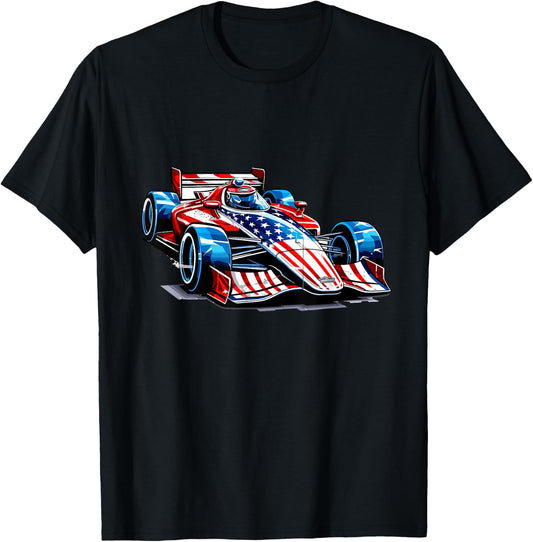 Vintage Auto Racing Car American Flag 4th of July, Auto Race Kids Men T-Shirt - T-Shirt | Black