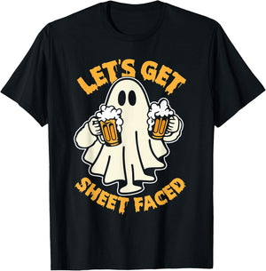 Let's Get Sheet Faced Funny Ghost Drinking Beer Halloween T-Shirt - T-Shirt | Black