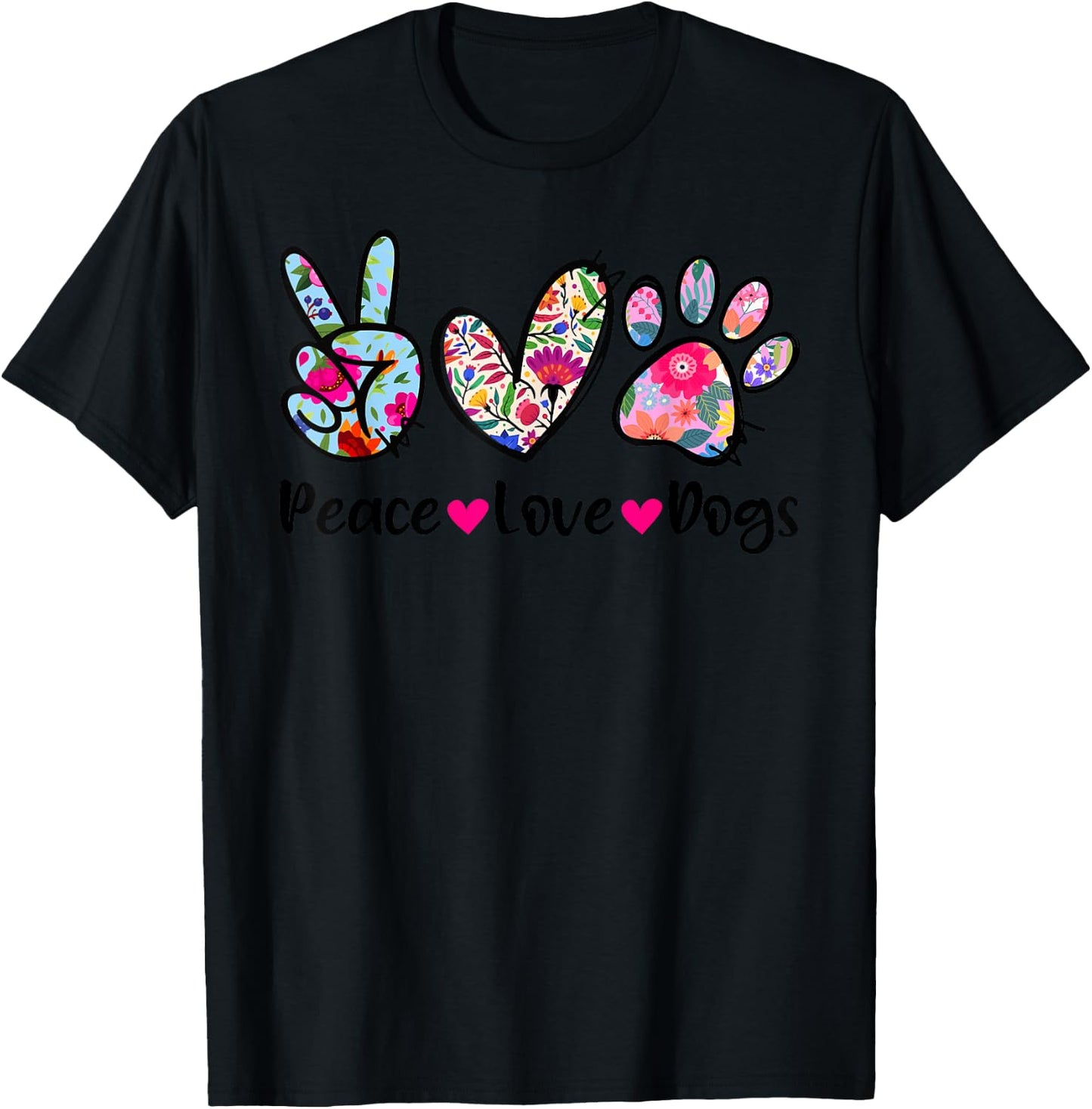Peace Love Dogs Floral Dog Paw Dog Mom Cute Mother's Day Women Girls Kids T-Shirt - T-Shirt | Black