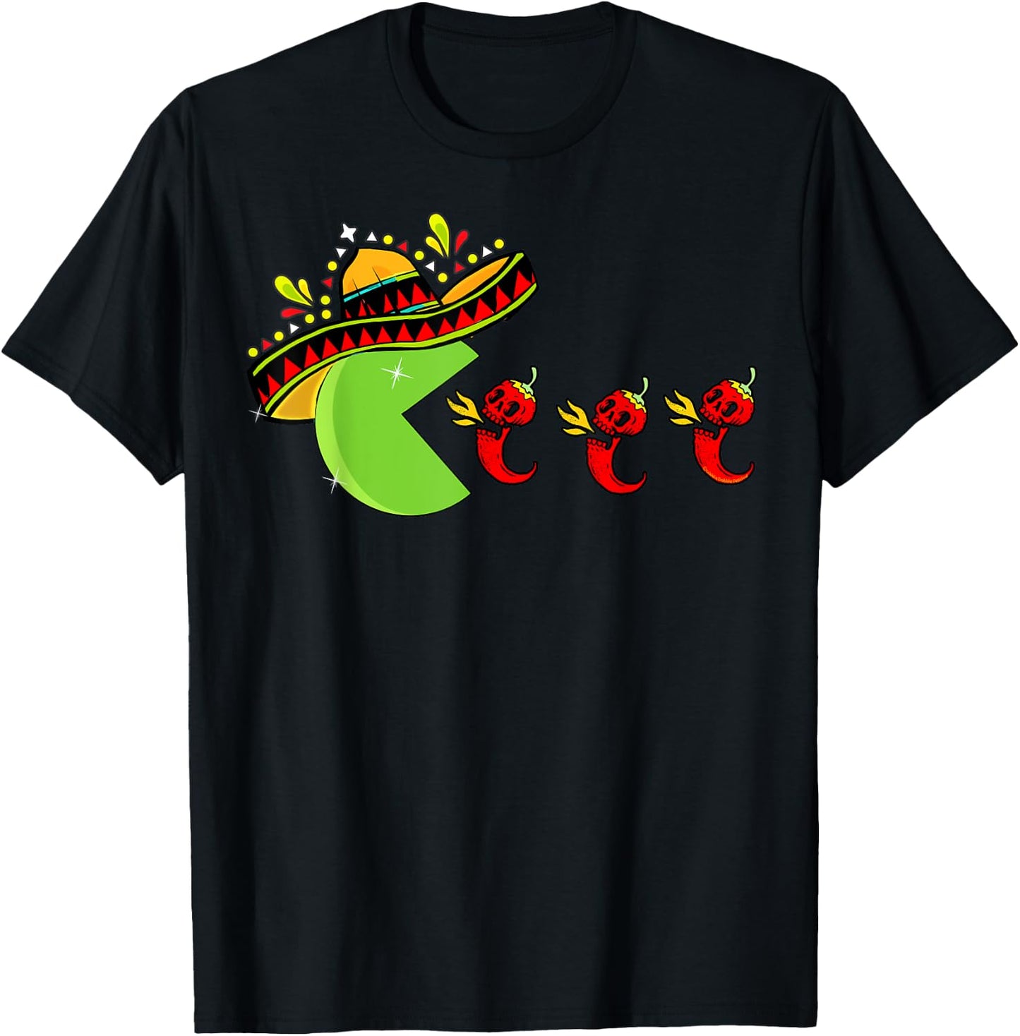 Fun Mexican Sombrero Eating Hot Pepper Skulls Cinco de Mayo T-Shirt - T-Shirt | Black