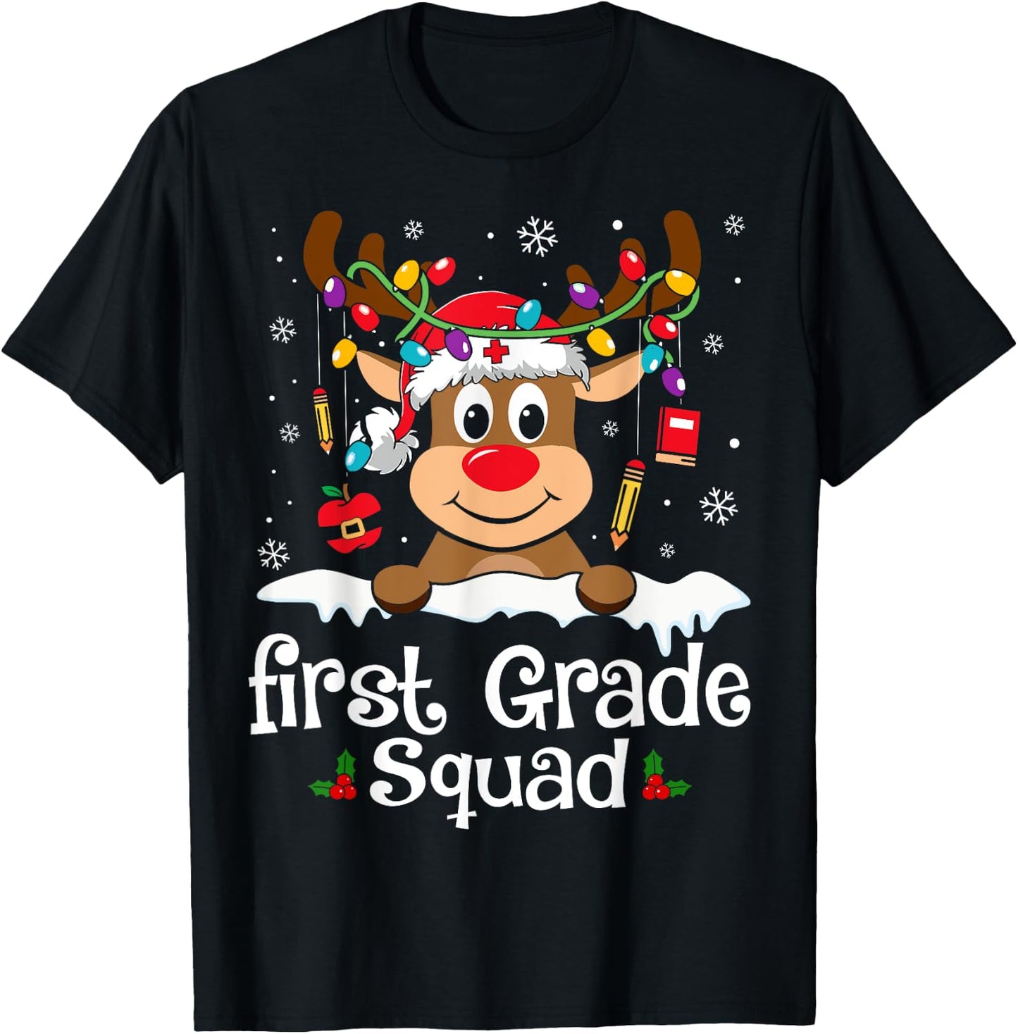 First Grade Teacher Squad Funny Reindeer Teacher Christmas T-Shirt - T-Shirt | Black