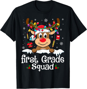 First Grade Teacher Squad Funny Reindeer Teacher Christmas T-Shirt - T-Shirt | Black