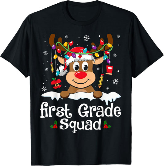 First Grade Teacher Squad Funny Reindeer Teacher Christmas T-Shirt - T-Shirt | Black