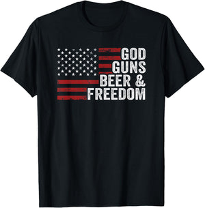 GOD GUNS BEER & FREEDOM - Funny Drinking Gun USA Flag T-Shirt - T-Shirt | Black