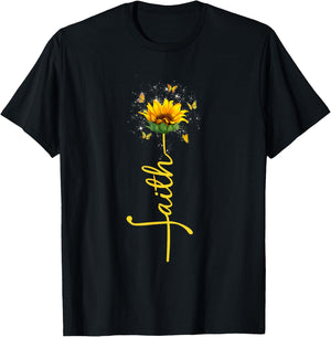 Vintage Faith Cross Sunflower Butterfly Flowers Christians T-Shirt - T-Shirt | Black