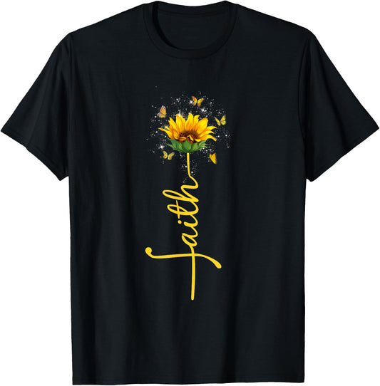 Vintage Faith Cross Sunflower Butterfly Flowers Christians T-Shirt - T-Shirt | Black