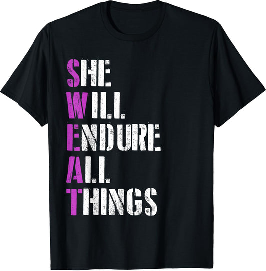 Sweat She Will Endure All Things Gym Fitness Motivation T-Shirt - T-Shirt | Black