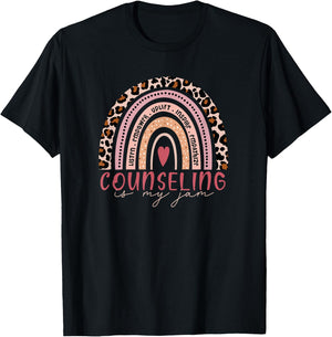 School Counselor Shirt Counseling Is My Jam Leopard Rainbow T-Shirt - T-Shirt | Black