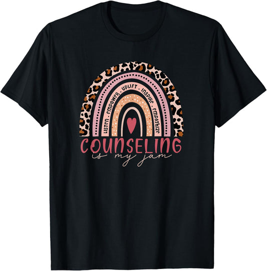 School Counselor Shirt Counseling Is My Jam Leopard Rainbow T-Shirt - T-Shirt | Black