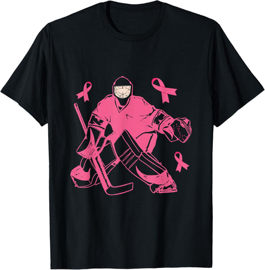 Ice Hockey Keeper Pink Ribbon Breast Cancer Awareness T-Shirt - T-Shirt | Black