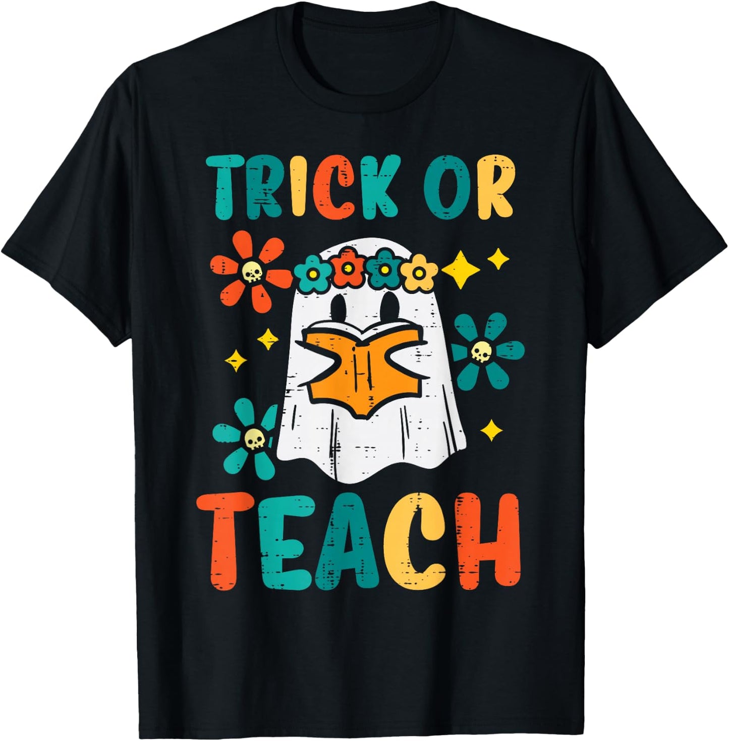 Ghost Books Trick Or Teach Retro Groovy Halloween Teacher T-Shirt - T-Shirt | Black