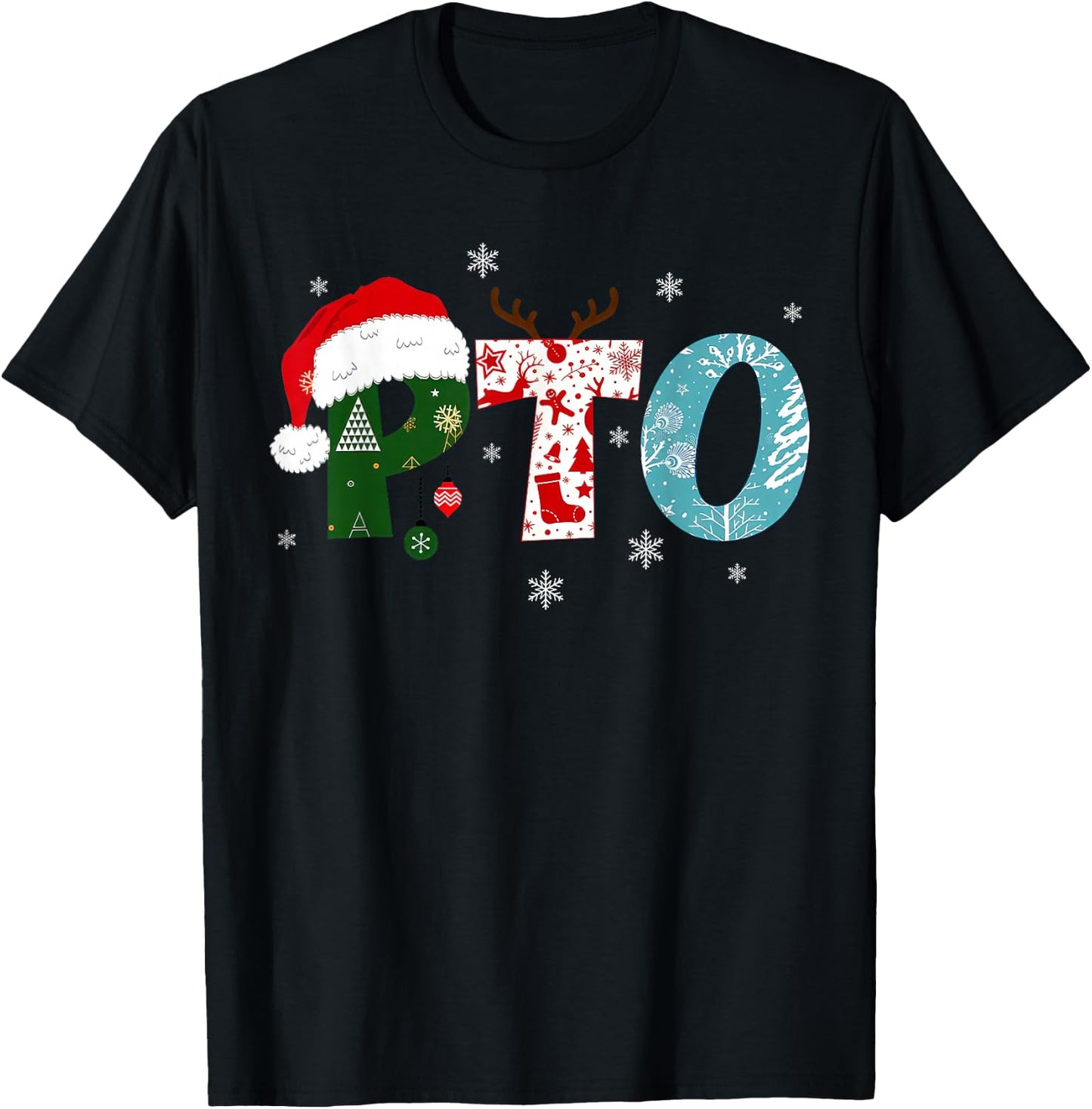 PTO Santa Hat Reindeer Parent Teacher Organization Christmas T-Shirt - T-Shirt | Black