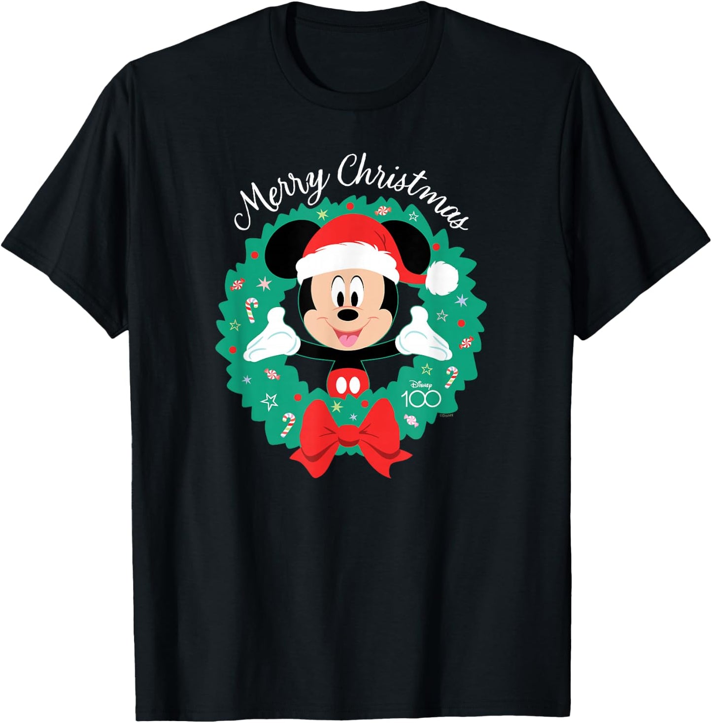 Disney 100 Mickey Mouse Merry Christmas Wreath Holiday D100 T-Shirt - T-Shirt | Black