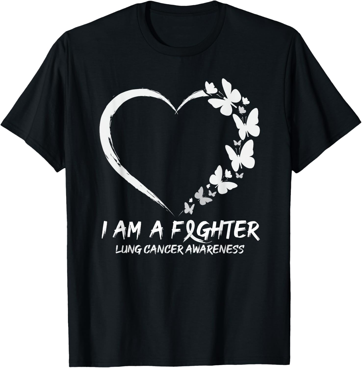 Butterfly Heart I Am A Fighter Lung Cancer Awareness T-Shirt - T-Shirt | Black
