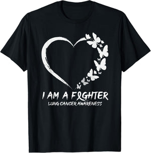 Butterfly Heart I Am A Fighter Lung Cancer Awareness T-Shirt - T-Shirt | Black