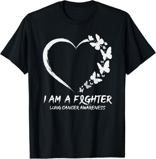 Butterfly Heart I Am A Fighter Lung Cancer Awareness T-Shirt - T-Shirt | Black