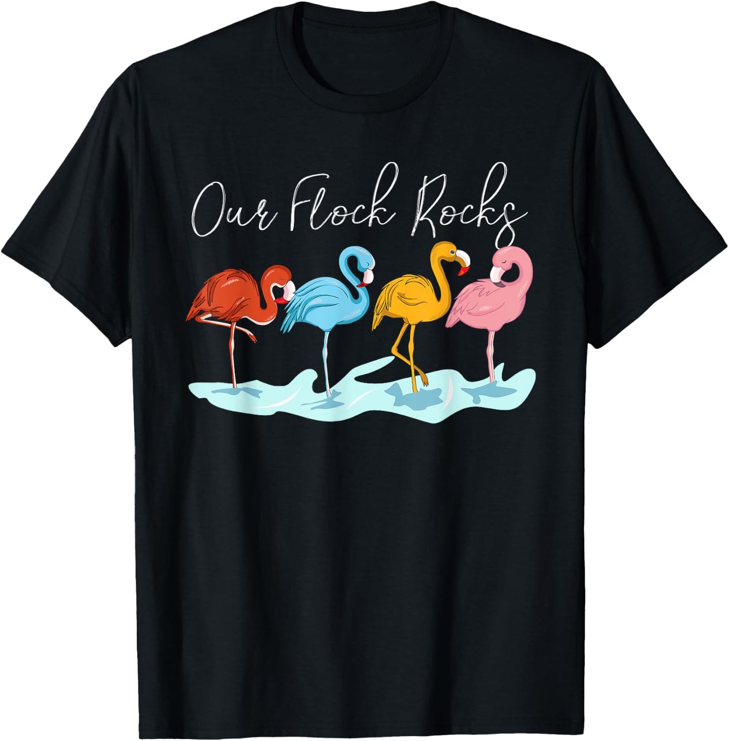 Our Flock Rocks Flamingos Lover Family Vacation Group T-Shirt - T-Shirt | Black