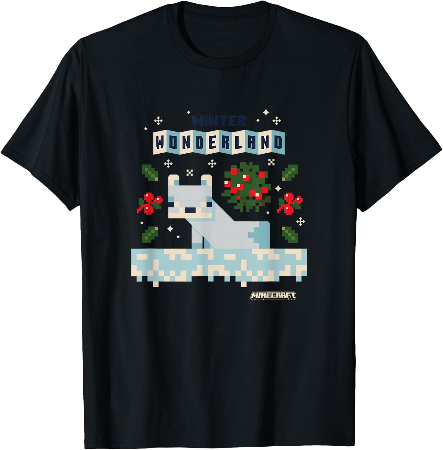 Minecraft Christmas Winter Wonderland Cute Snow Fox Shot T-Shirt - T-Shirt | Black