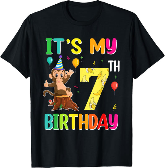 It's My 7th Birthday Monkey 7 Year Old Boy Girl T-Shirt - T-Shirt | Black