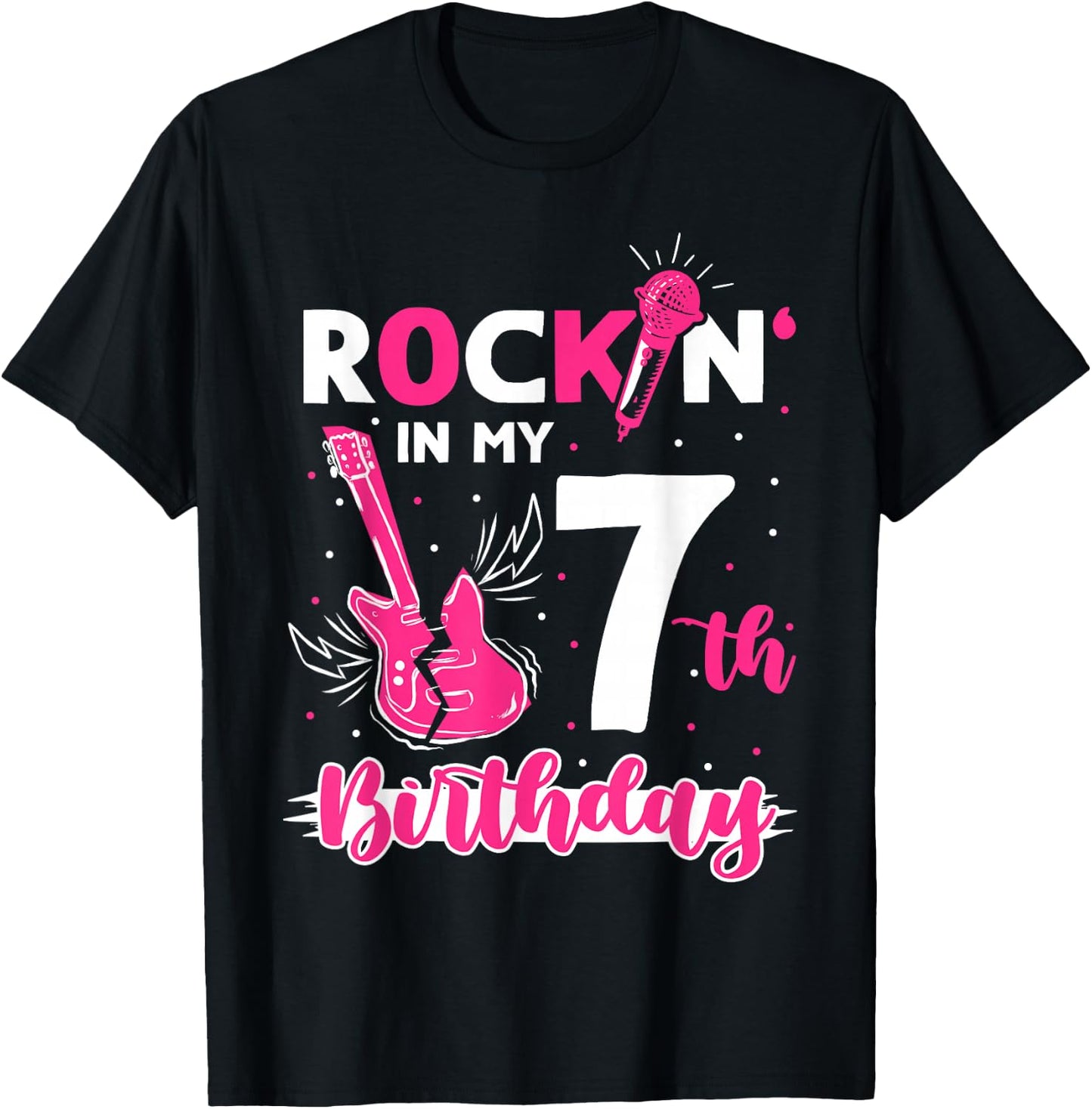 Girls Rockstar Birthday Rock Star Themed Guitar 7th Birthday T-Shirt - T-Shirt | Black