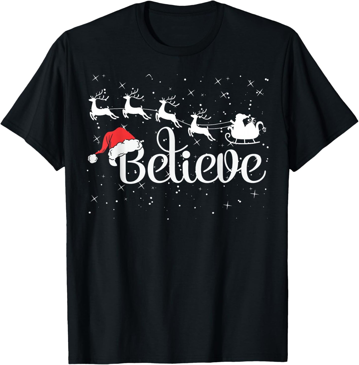 Christmas Believe in Santa with Sleigh Reindeer & Santa Hat T-Shirt - T-Shirt | Black
