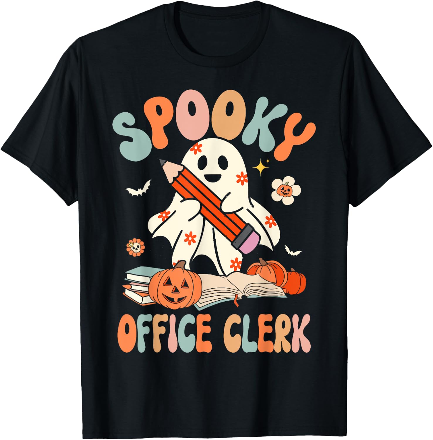 Groovy Halloween Spooky Office Clerk Retro Floral Ghost T-Shirt - T-Shirt | Black