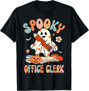 Groovy Halloween Spooky Office Clerk Retro Floral Ghost T-Shirt - T-Shirt | Black