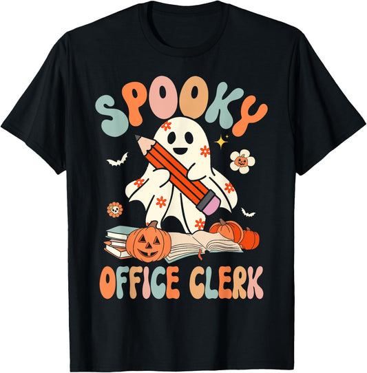 Groovy Halloween Spooky Office Clerk Retro Floral Ghost T-Shirt - T-Shirt | Black