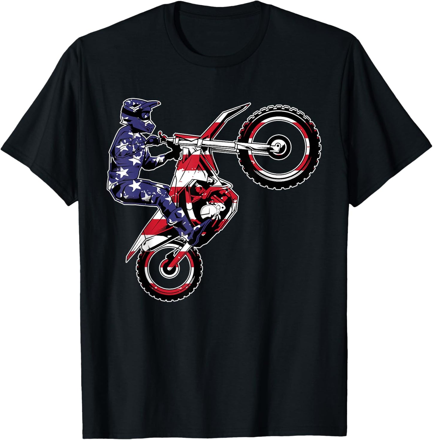 Funny Dirt Bike Art Men Women Motorcycle Dirtbike US Flag T-Shirt - T-Shirt | Black