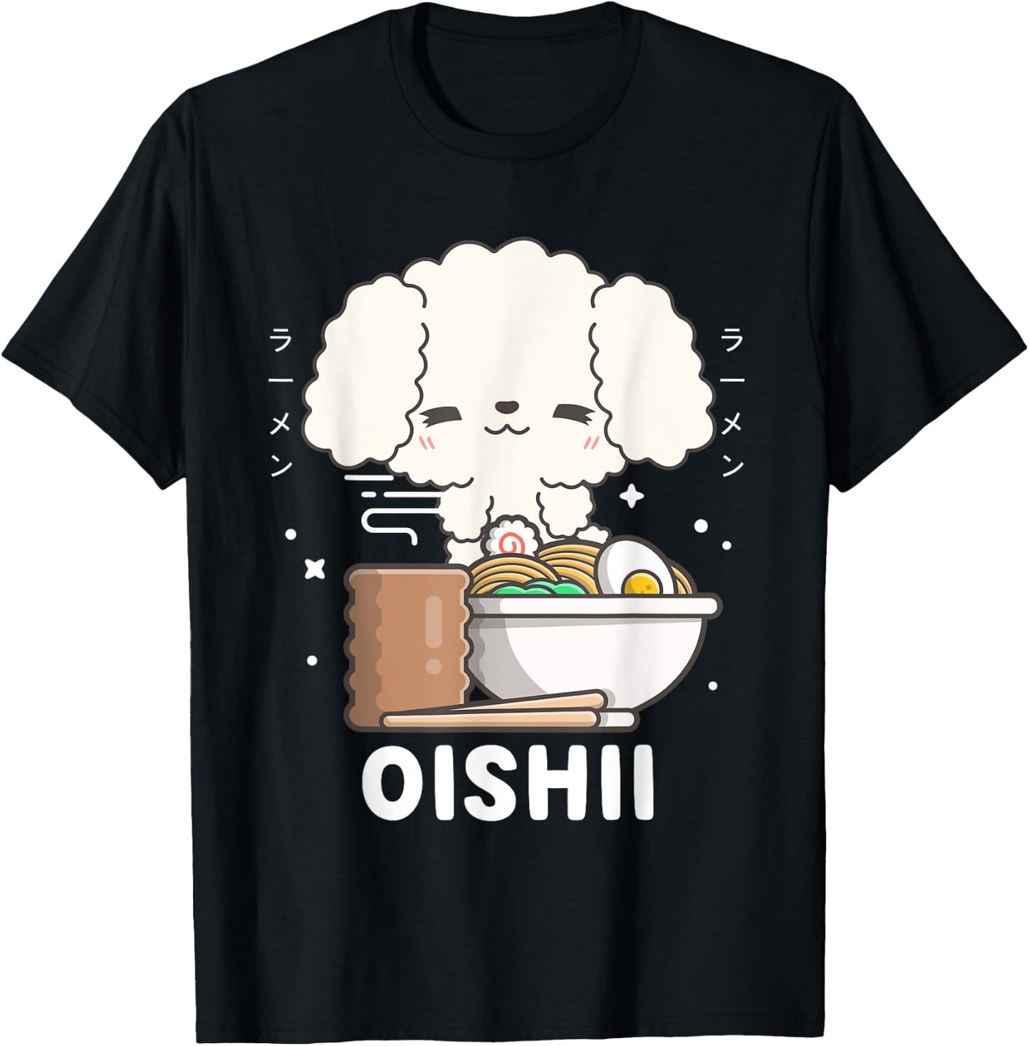 Kawaii Poodle Eats Japanese Ramen Noodles Kawaii Aesthetic T-Shirt - T-Shirt | Black