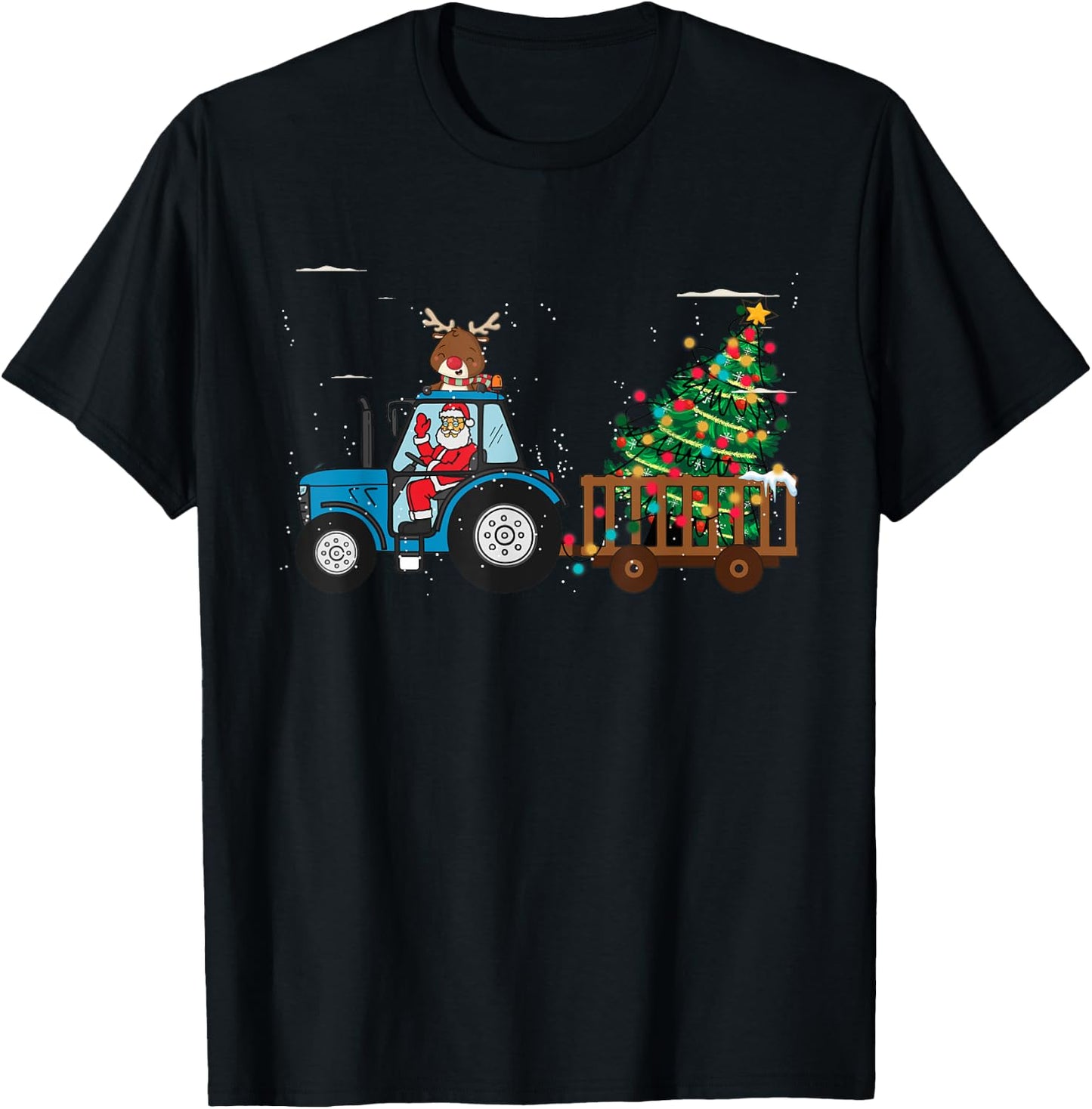 Christmas Farm Tractor Xmas Tree Lights Santa Hat Farmer T-Shirt - T-Shirt | Black